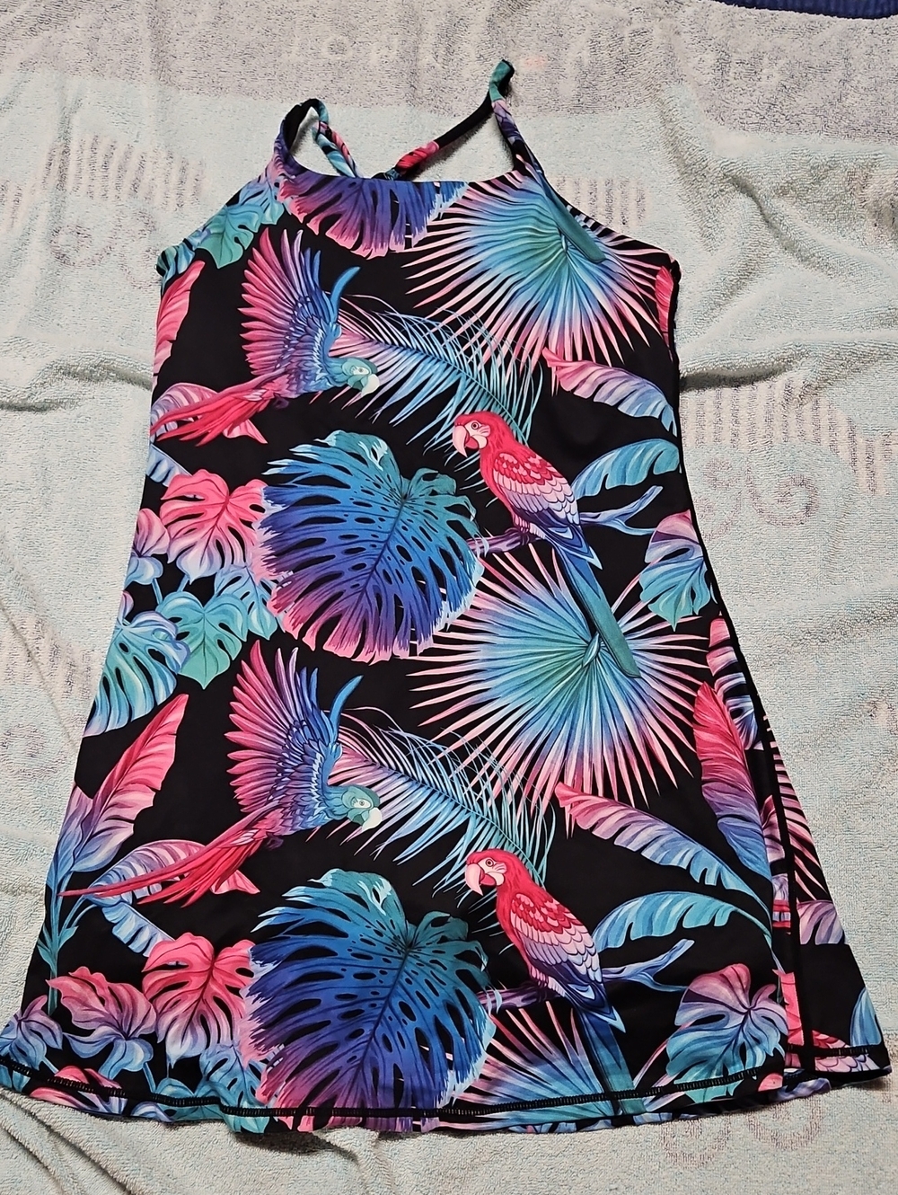 Constantly Varied Gear Black Dress with Pink & Blue Tropical birds (old style)